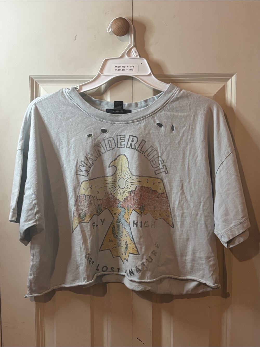 Forever 21 Light Gray Wanderlust Eagle Graphic Crop Top